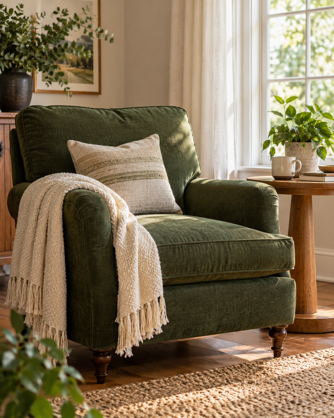 A green armchair with a cream throw in a sunlit, welcoming living room